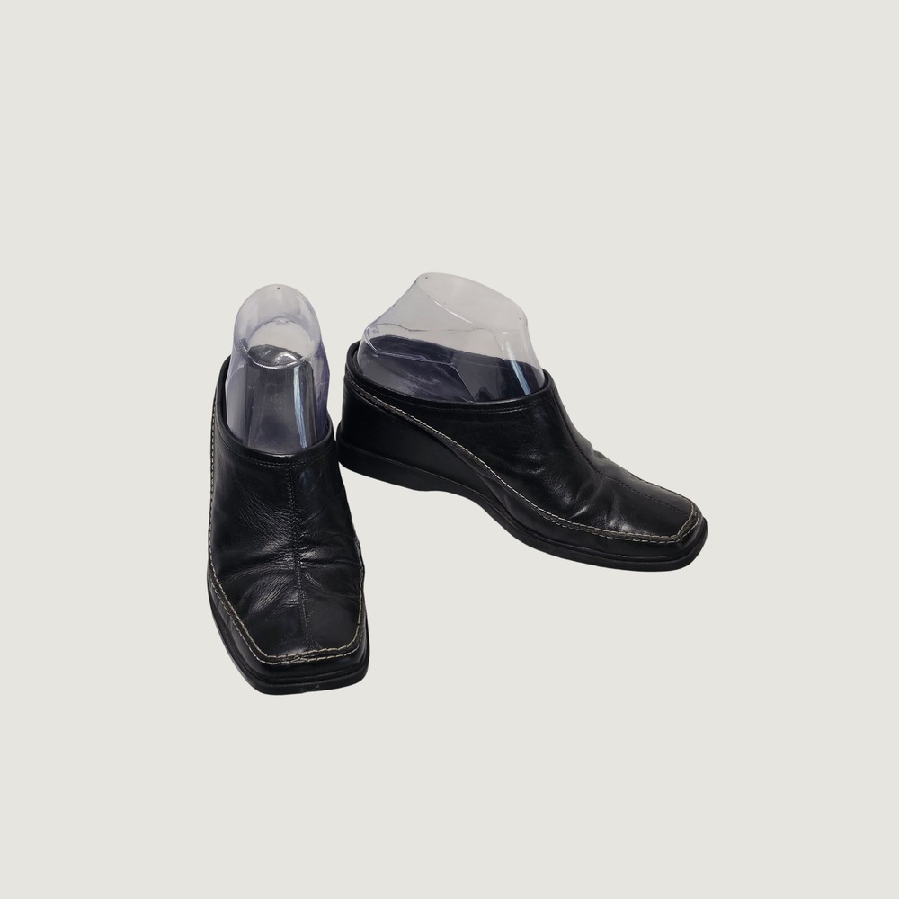 Glacee Black Leather Mules Square Toe Wedge Clogs Y2K Vintage 90s Shoes 7.5M